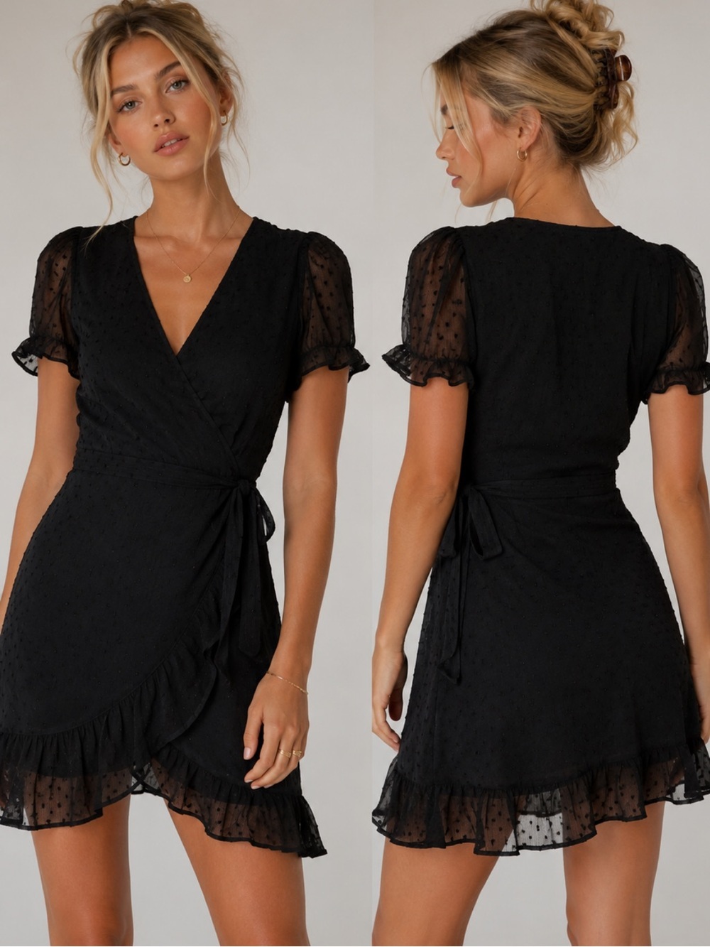 AllSaints Sienna Black Clip Swiss Dot Wrap Dress Ruffle Hem 39238